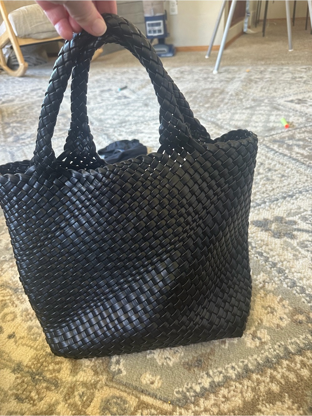 Woven Faux Leather Tote Bag - Black diaper bag